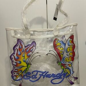 Ed Hardy Clear Tote with Colorful Butterfly Design